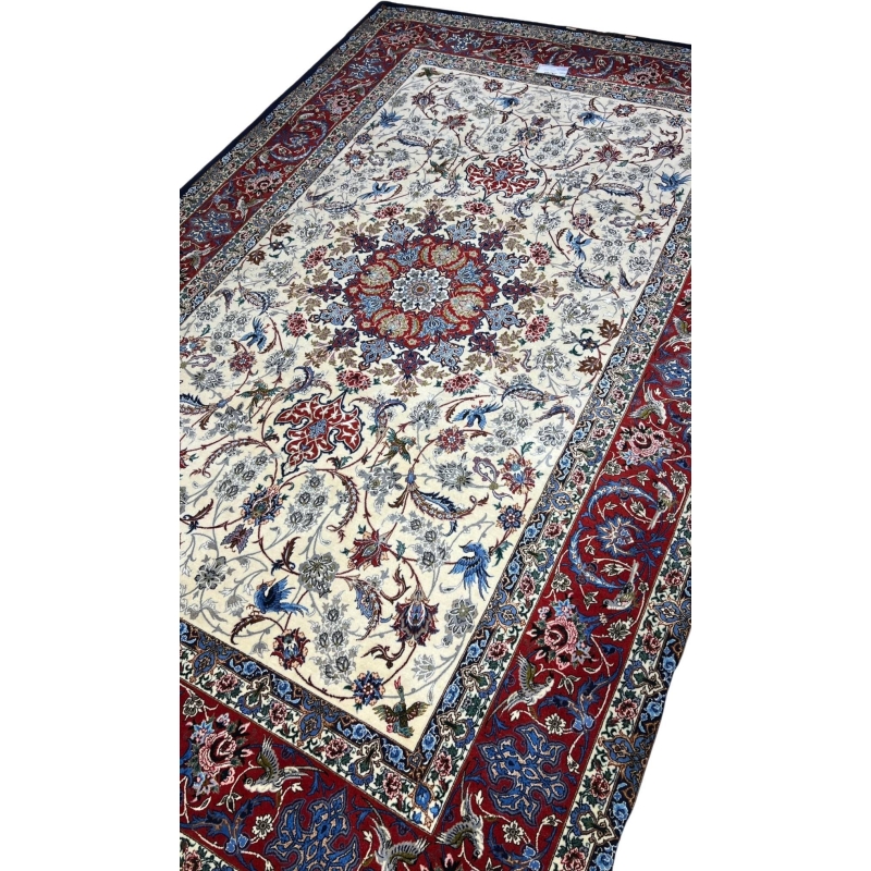 Hand-knotted Persian rug with wool and silk, red and cream colors