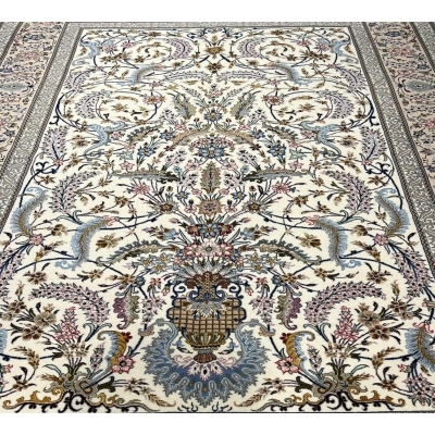 "Full view of the Isfahan rug's elegant design and luxurious silk blend."