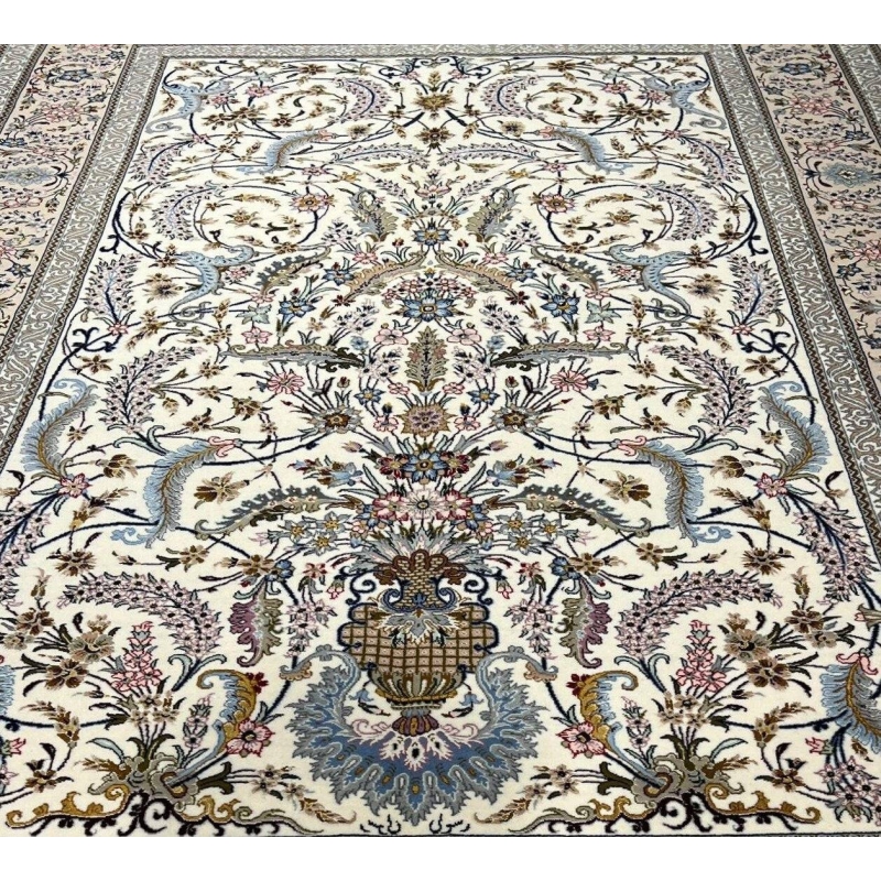"Full view of the Isfahan rug's elegant design and luxurious silk blend."