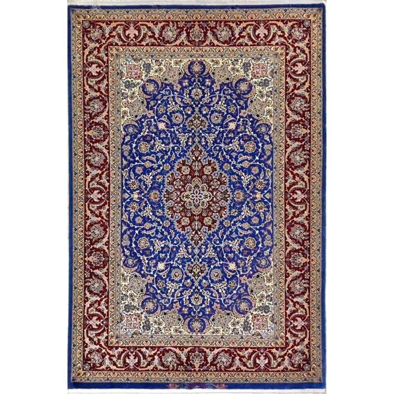 "Authentic Isfahan Persian rug, handwoven by Saieed Davarie, featuring a stunning blue medallion design."
