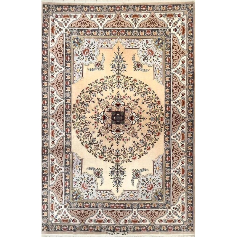 "Hand-knotted Persian Isfahan rug made of silk and wool, measuring 223 cm x 150 cm, featuring intricate designs with 1,000,000 knots per square meter, crafted by Master Moeidie in Isfahan, Iran."