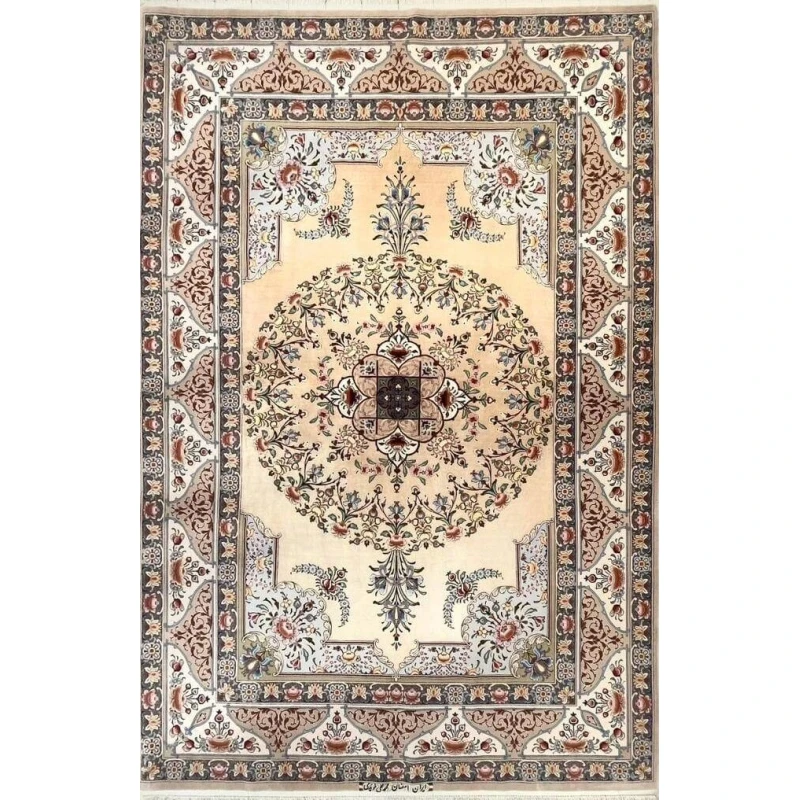 "Hand-knotted Persian Isfahan rug made of silk and wool, measuring 223 cm x 150 cm, featuring intricate designs with 1,000,000 knots per square meter, crafted by Master Moeidie in Isfahan, Iran."