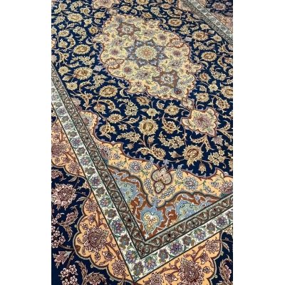 Luxury navy blue and gold wool and silk Persian rug, hand-knotted in Isfahan