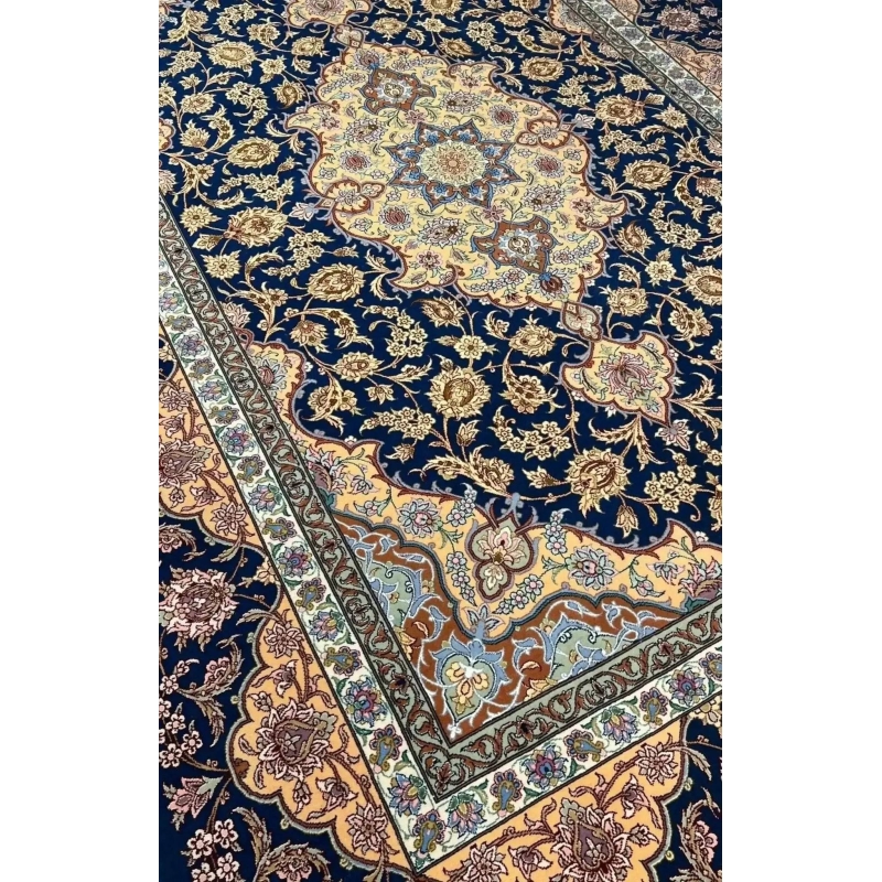 Luxury navy blue and gold wool and silk Persian rug, hand-knotted in Isfahan