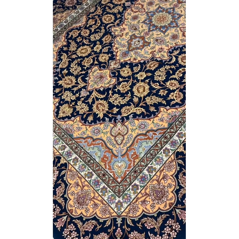 Persian rug with floral medallion design in navy blue and gold, 260x170 cm