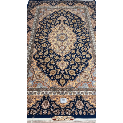 Hand-knotted navy blue and gold Persian rug with intricate floral patterns, 260x170 cm
