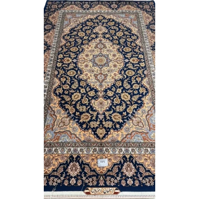 Hand-knotted navy blue and gold Persian rug with intricate floral patterns, 260x170 cm
