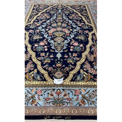 "Traditional Persian wool and silk rug with gold-accented scalloped border, crafted by Kheirie."