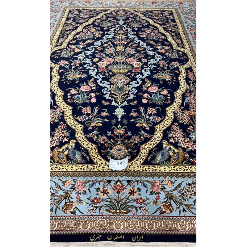 "Traditional Persian wool and silk rug with gold-accented scalloped border, crafted by Kheirie."
