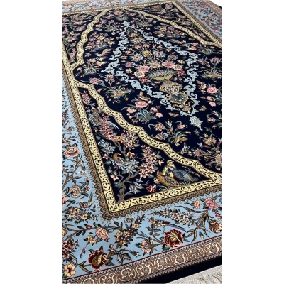 "Elegant Isfahan hand-knotted rug with vibrant floral patterns and detailed peacock designs, 230 x 155 cm."