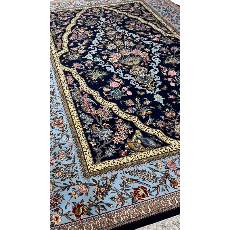 "Elegant Isfahan hand-knotted rug with vibrant floral patterns and detailed peacock designs, 230 x 155 cm."