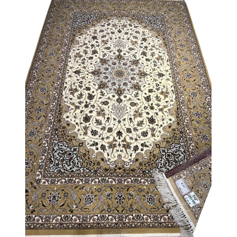 "Hand-knotted Islimi rug design from Isfahan, 225x145 cm, made by Weaver Aminie using wool and silk with intricate floral motifs."