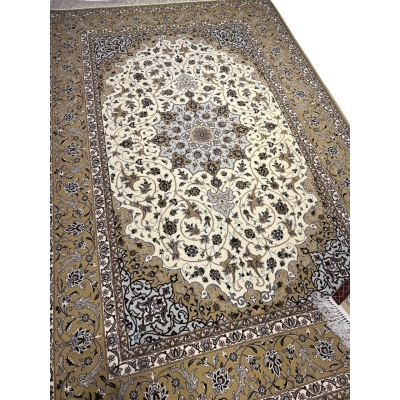 "Luxury Islimi rug, 225x145 cm, featuring silk warp and wool-silk pile, crafted by Aminie in Isfahan with traditional Persian designs."