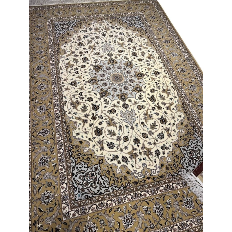 "Luxury Islimi rug, 225x145 cm, featuring silk warp and wool-silk pile, crafted by Aminie in Isfahan with traditional Persian designs."