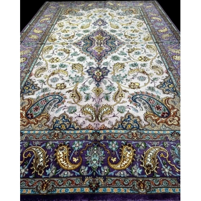 "Luxury Persian carpet with intricate paisley patterns and gold-accented floral motifs."