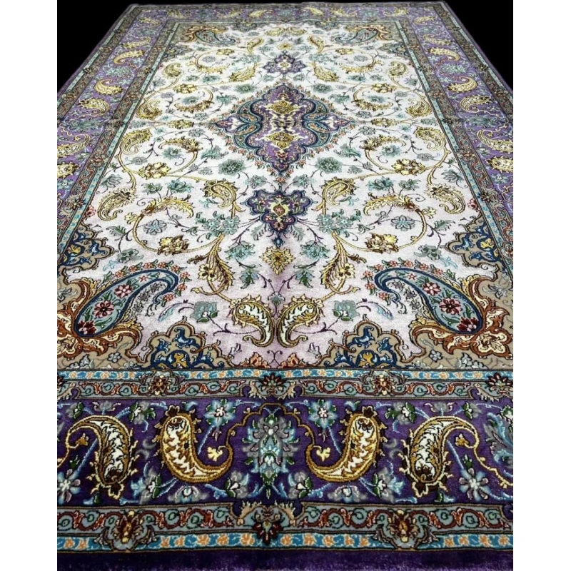 "Luxury Persian carpet with intricate paisley patterns and gold-accented floral motifs."