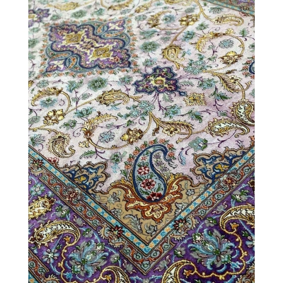 "Elegant pink Persian rug with detailed floral designs, perfect for modern and classic interiors."
