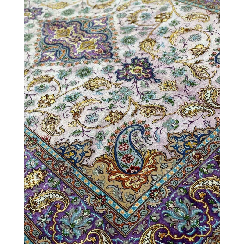 "Elegant pink Persian rug with detailed floral designs, perfect for modern and classic interiors."