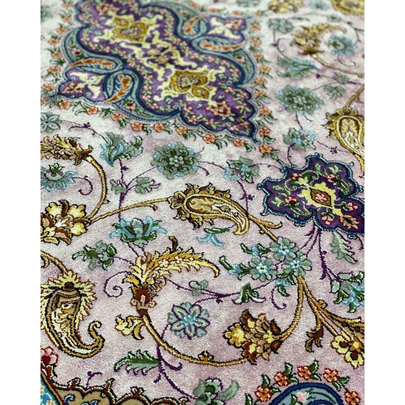 "Fine-woven Persian rug with silk warp and 810,000 knots per square meter, crafted in Isfahan."
