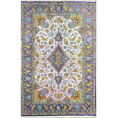 "Hand-knotted Isfahan silk Persian rug with pink and purple floral medallion design."