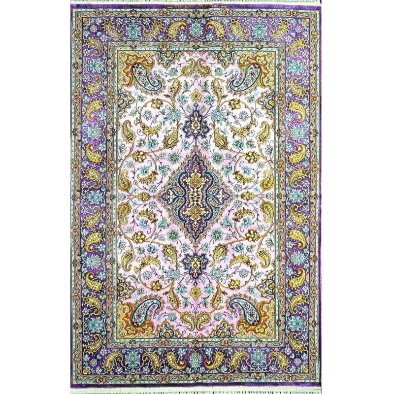 "Hand-knotted Isfahan silk Persian rug with pink and purple floral medallion design."
