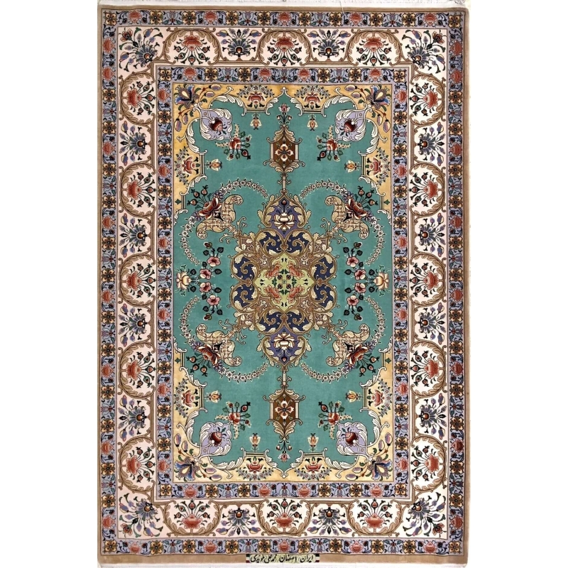 "Hand-knotted Persian Isfahan rug in blue and green, crafted by Master Moaeidie, measuring 172 x 119 cm (approximately 5.6 x 3.9 feet), featuring 1,000,000 knots per square meter, made with wool and silk in Isfahan, Iran."