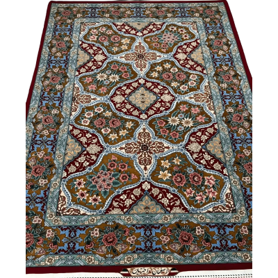 "Hand-knotted Isfahan Persian rug featuring the intricate Akhtrarian Frame Design with a floral medallion pattern."