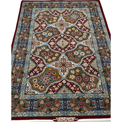 "Hand-knotted Isfahan Persian rug featuring the intricate Akhtrarian Frame Design with a floral medallion pattern."