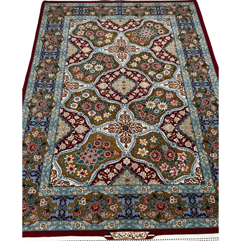 "Hand-knotted Isfahan Persian rug featuring the intricate Akhtrarian Frame Design with a floral medallion pattern."