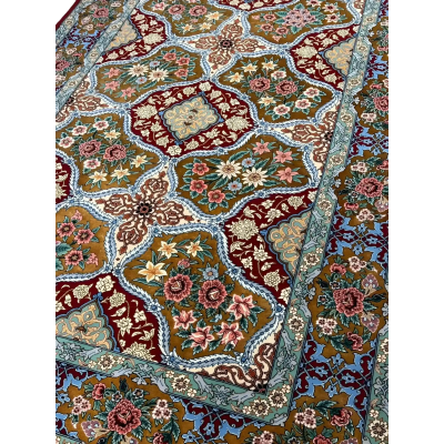 Rare Isfahan carpet with golden ochre, blue, and ivory detailing, handwoven with 1,000,000 knots per square meter."