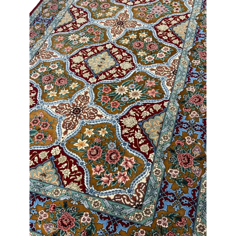 Rare Isfahan carpet with golden ochre, blue, and ivory detailing, handwoven with 1,000,000 knots per square meter."