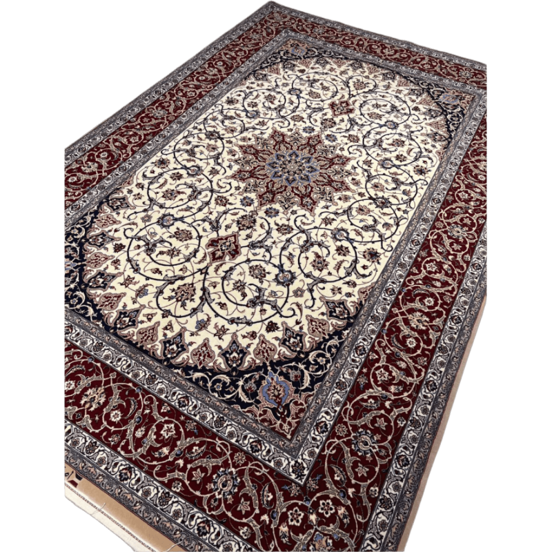 Silk-wool blend rug from the New Davarie Islimie collection, featuring a red and blue pattern, 7 kg in weight