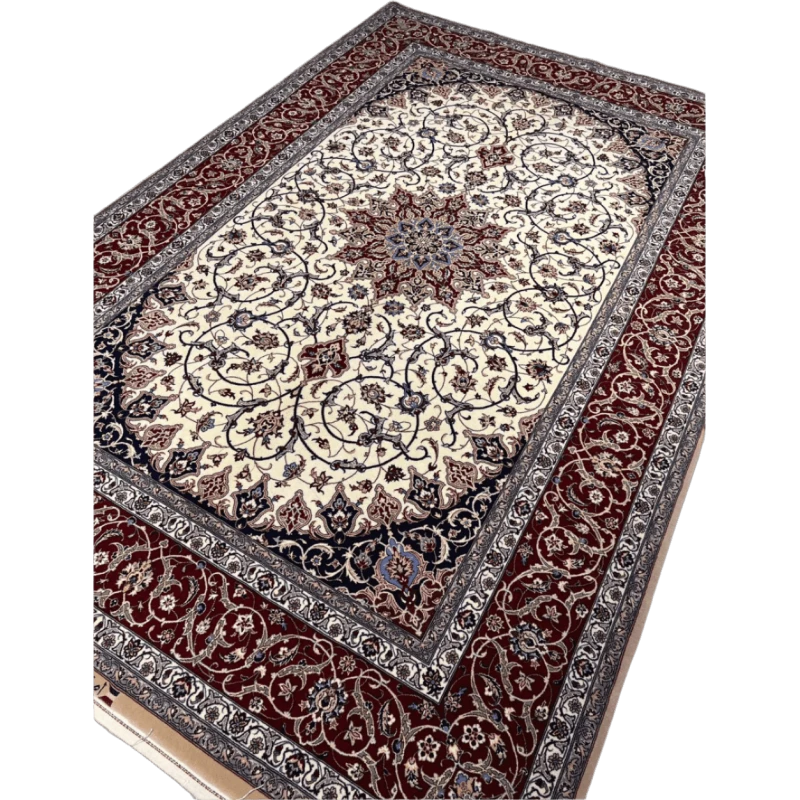 Silk-wool blend rug from the New Davarie Islimie collection, featuring a red and blue pattern, 7 kg in weight