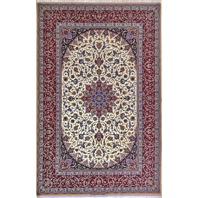 "New Davarie Islimie Design rug, hand-knotted in Isfahan, Iran, featuring a red and blue floral pattern, made of a silk-wool blend, 235 x 155 cm."


