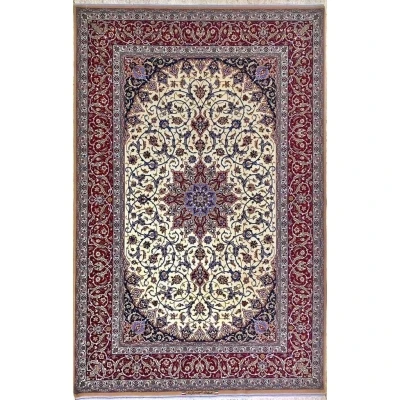 "New Davarie Islimie Design rug, hand-knotted in Isfahan, Iran, featuring a red and blue floral pattern, made of a silk-wool blend, 235 x 155 cm."

