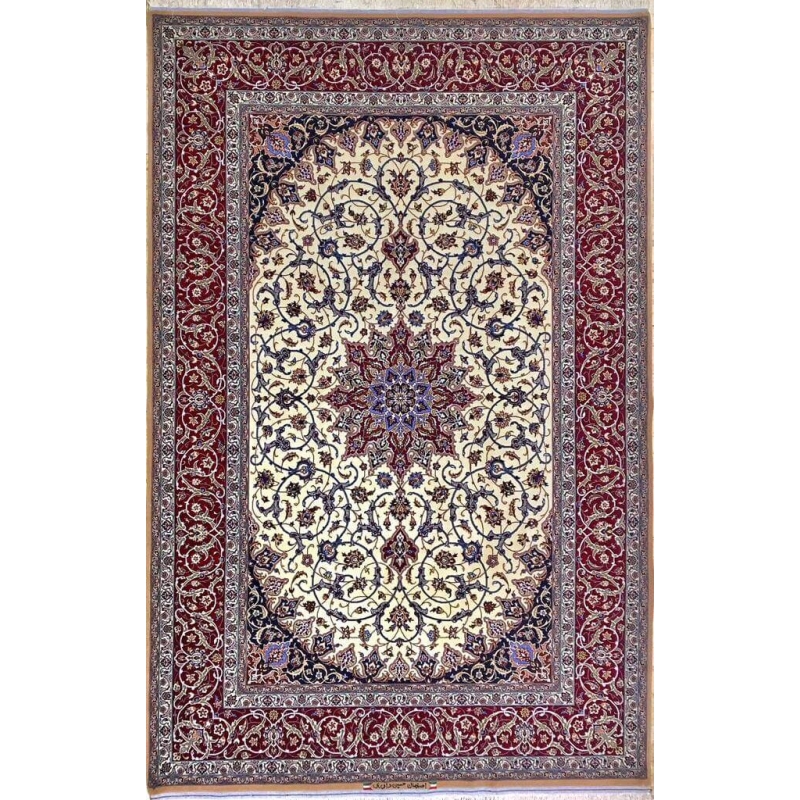 "New Davarie Islimie Design rug, hand-knotted in Isfahan, Iran, featuring a red and blue floral pattern, made of a silk-wool blend, 235 x 155 cm."