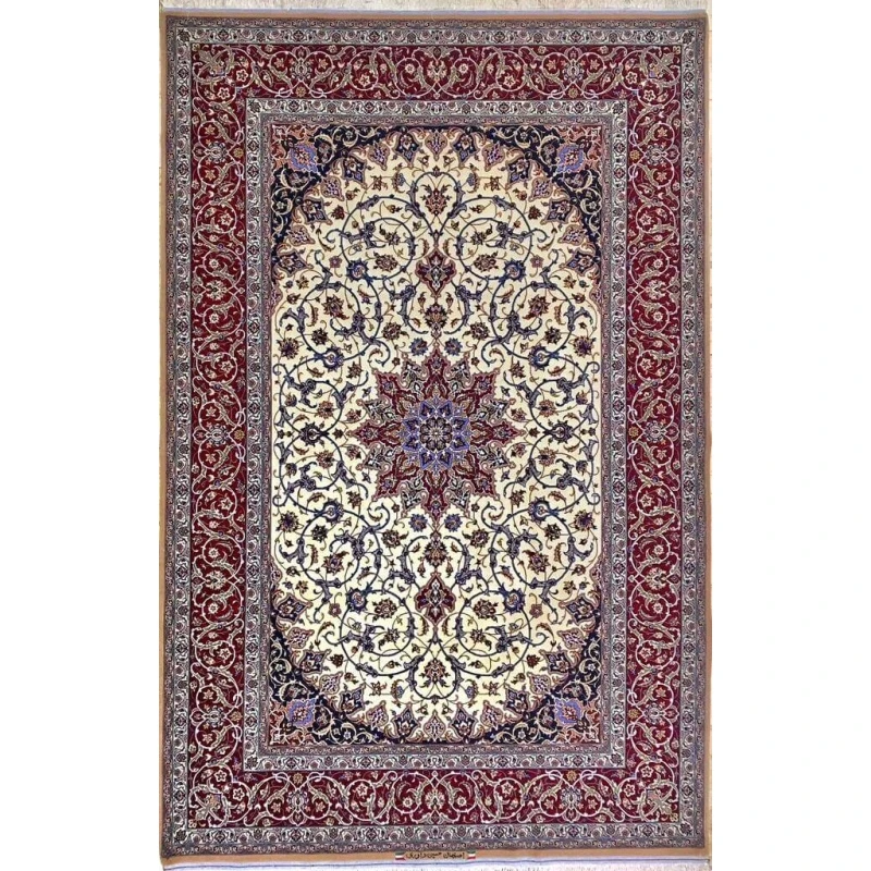 "New Davarie Islimie Design rug, hand-knotted in Isfahan, Iran, featuring a red and blue floral pattern, made of a silk-wool blend, 235 x 155 cm."