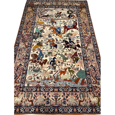 "Hand-knotted Persian Hunting Scene Rug from Isfahan with silk and wool"
