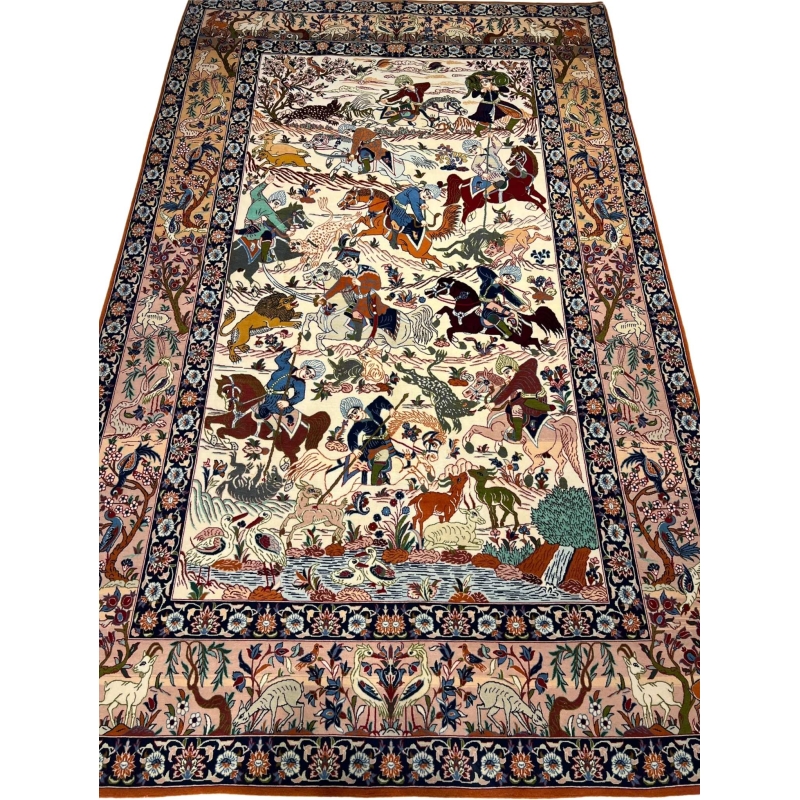 "Hand-knotted Persian Hunting Scene Rug from Isfahan with silk and wool"