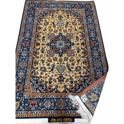 Floral patterned Persian rug with a golden medallion design.
