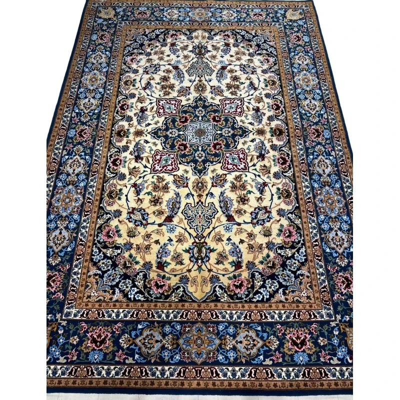 Hand-knotted Isfahan Persian rug with navy blue and golden tones.