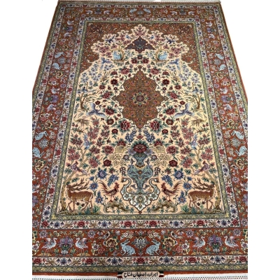 "Luxury Isfahan Persian rug, hand-knotted with silk and wool, featuring wildlife and floral medallion patterns."
