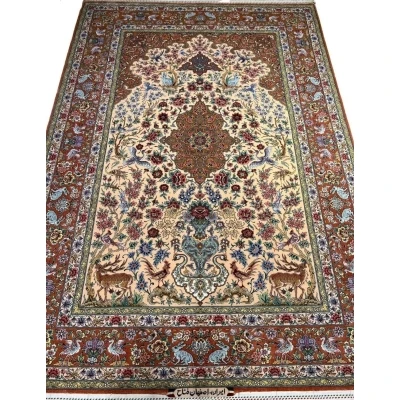 "Luxury Isfahan Persian rug, hand-knotted with silk and wool, featuring wildlife and floral medallion patterns."