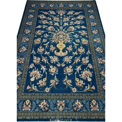 Luxurious hand-knotted Isfahan rug with navy blue floral vase design.