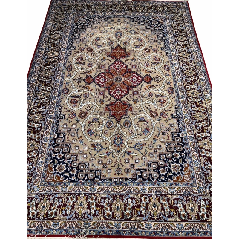 Vintage Persian Isfahan rug with medallion and geometric designs.