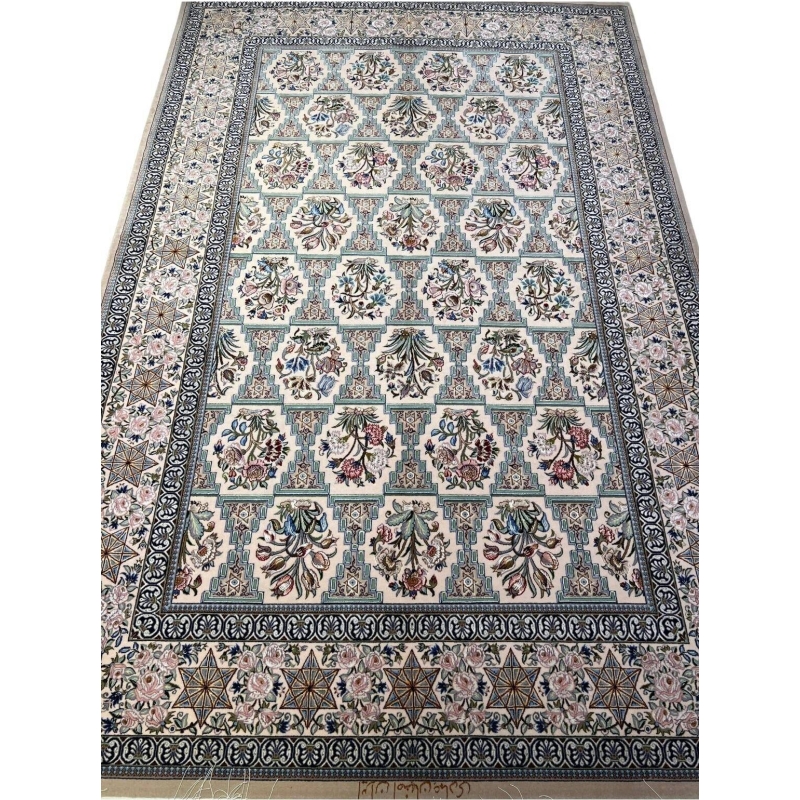 "Intricate beige Isfahan Persian rug with centuries-old design motifs"