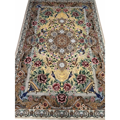 Persian Isfahan rug with Ghajar floral design and bird motifs.