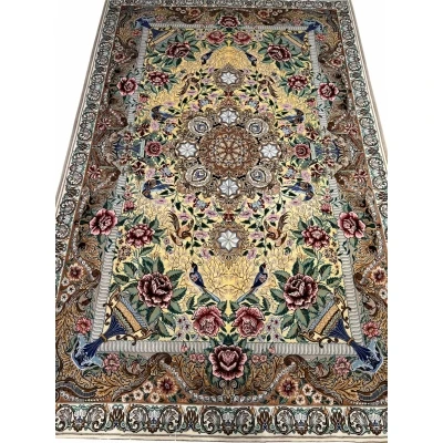 Persian Isfahan rug with Ghajar floral design and bird motifs.
