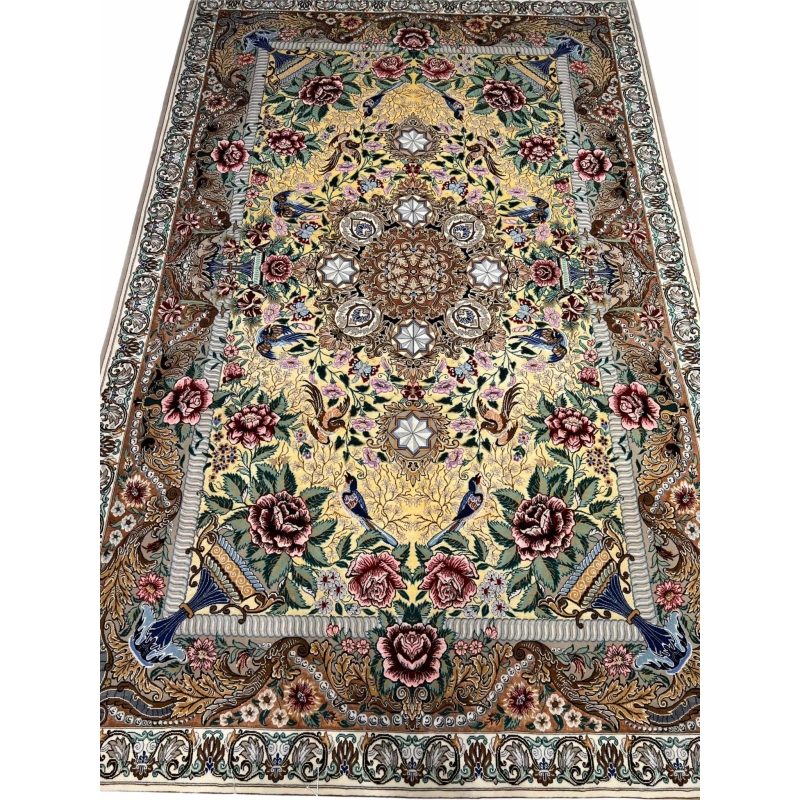 Persian Isfahan rug with Ghajar floral design and bird motifs.