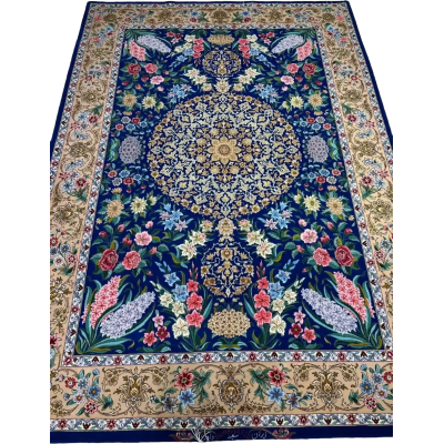 "Exclusive blue Persian rug for sale, crafted with high-quality wool and silk fibers, hand-knotted in Isfahan, Iran."
